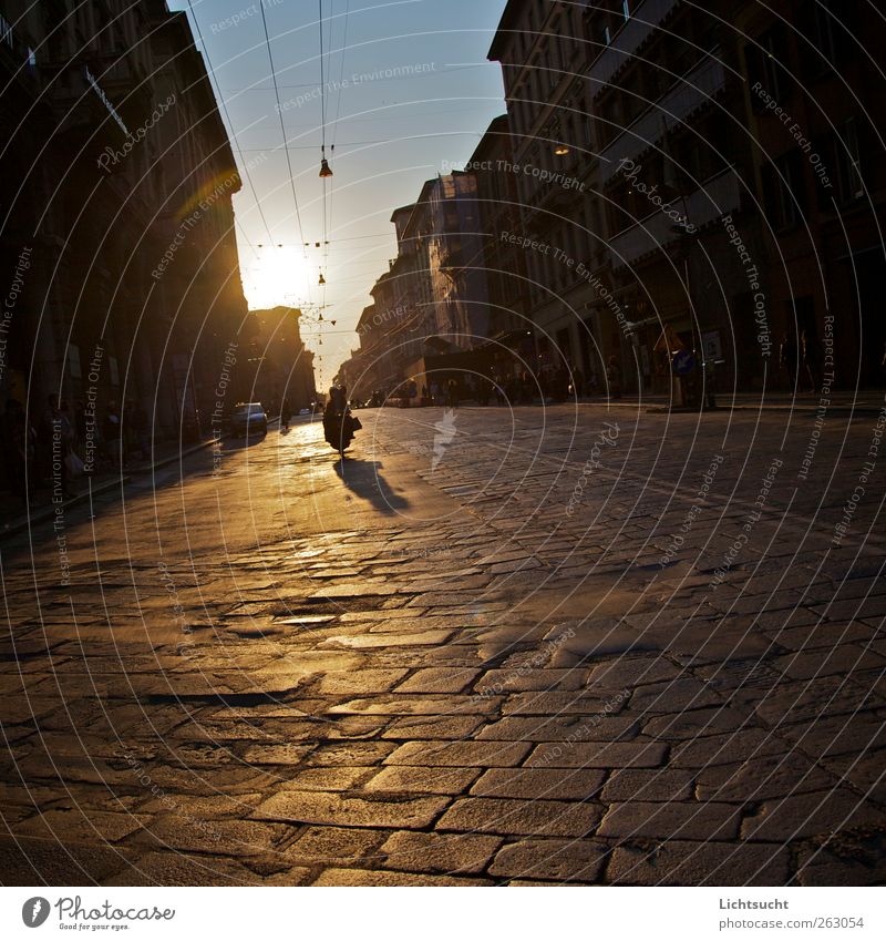 Reng-Nengneeeeng Human being Sky Sun Summer Bologna Italy Europe Downtown Housefront Overhead line Street lighting Paving stone Scooter Driving Blue Gold