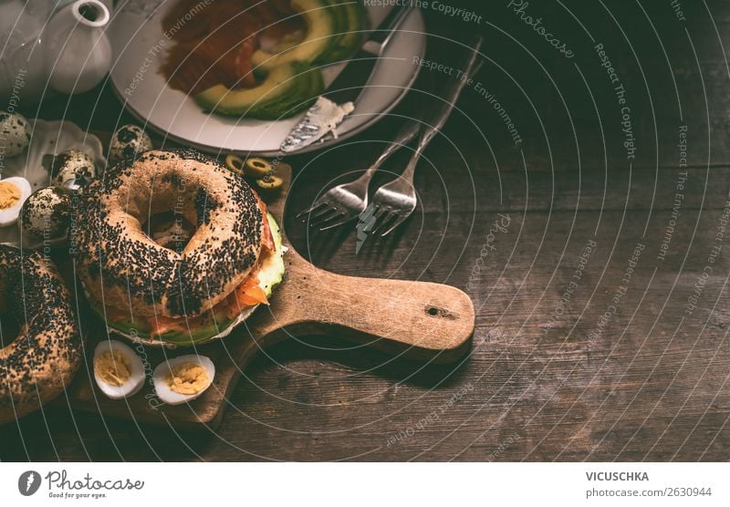 Bagel sandwich at breakfast table Food Nutrition Breakfast Design Healthy Eating Table Sandwich Ingredients Food photograph Colour photo Close-up