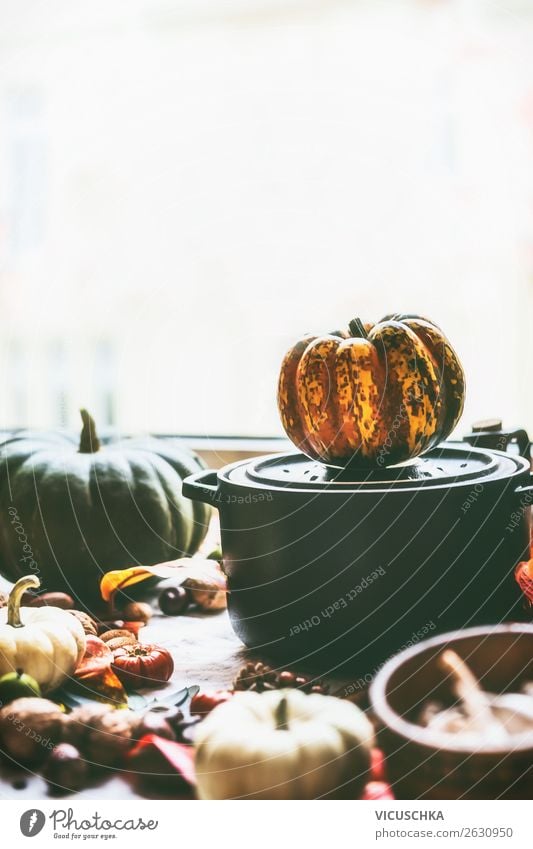 Pot with pumpkins on kitchen table Food Vegetable Nutrition Organic produce Lifestyle Style Healthy Eating Winter Living or residing Kitchen Design