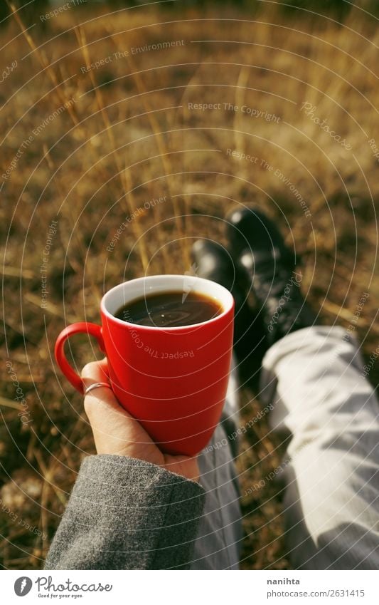 Someone holding a cup of coffee in nature Breakfast Beverage Hot drink Coffee Tea Cup Mug Lifestyle Style Healthy Wellness Relaxation Vacation & Travel