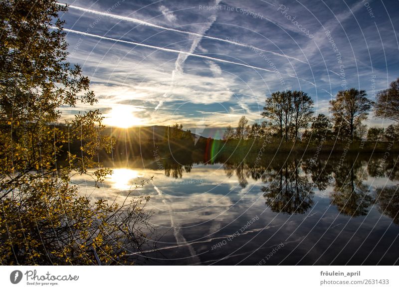 glossy finish Calm Sun Mountain Nature Landscape Water Autumn Beautiful weather Tree Pond Lake Blue Contentment Attentive Loneliness Serene Horizon Moody