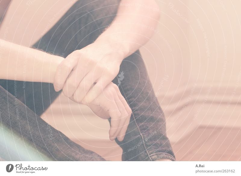 Jeans! Masculine Hand Legs 1 Human being Sit Contentment Grasp Yellow Colour photo Subdued colour Copy Space right Shallow depth of field