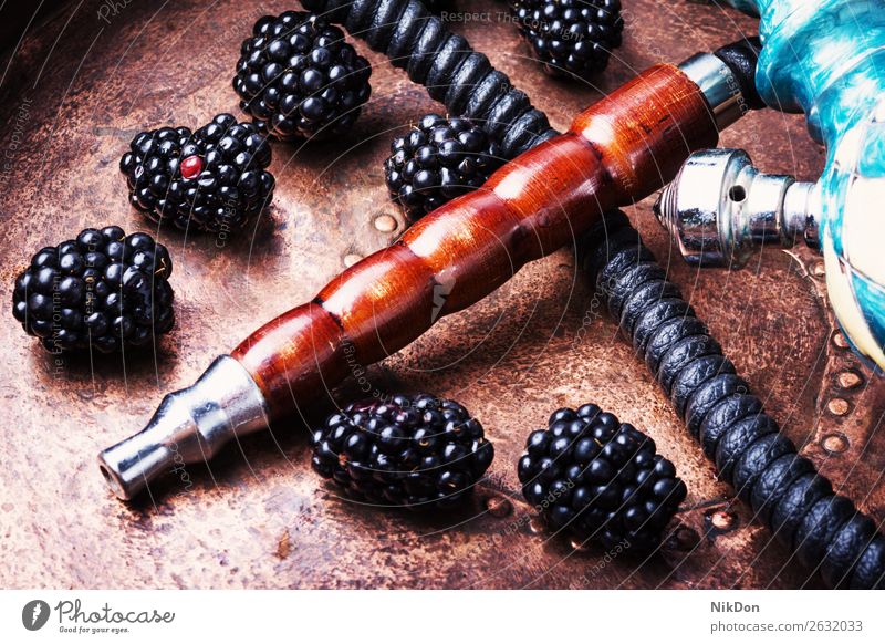 Stylish oriental shisha with blackberry hookah tobacco kalian smoke nicotine smoking east relaxation bramble dewberry fruit arabic mouthpiece pipe fragrant