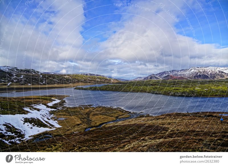 #Iceland/cold, clear, far Nature Landscape Plant Elements Water Sky Clouds Winter Beautiful weather Grass Moss Hill Snowcapped peak River bank Observe Touch