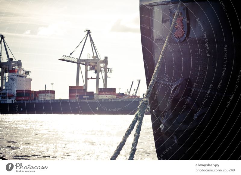 Ship in the Port of Hamburg Vacation & Travel Blue Brown Gray Red Black White Harbour Dock Watercraft Container Elbe Rope Colour photo Exterior shot Deserted