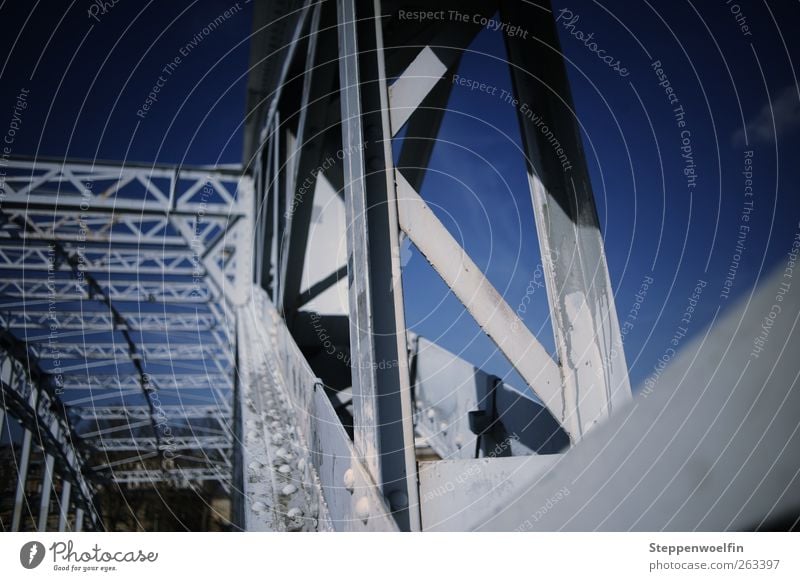 sky bridge Paris Deserted Bridge Manmade structures Architecture Metal Steel Rust Hideous Bright Gloomy Blue Gray Culture Stagnating Sky Summer sky Clouds