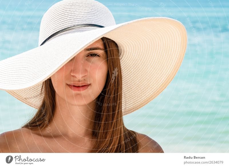 Young Woman Portrait With White Beach Hat Summer Youth (Young adults) Girl Fashion Ocean Beautiful Vacation & Travel Beauty Photography Lifestyle