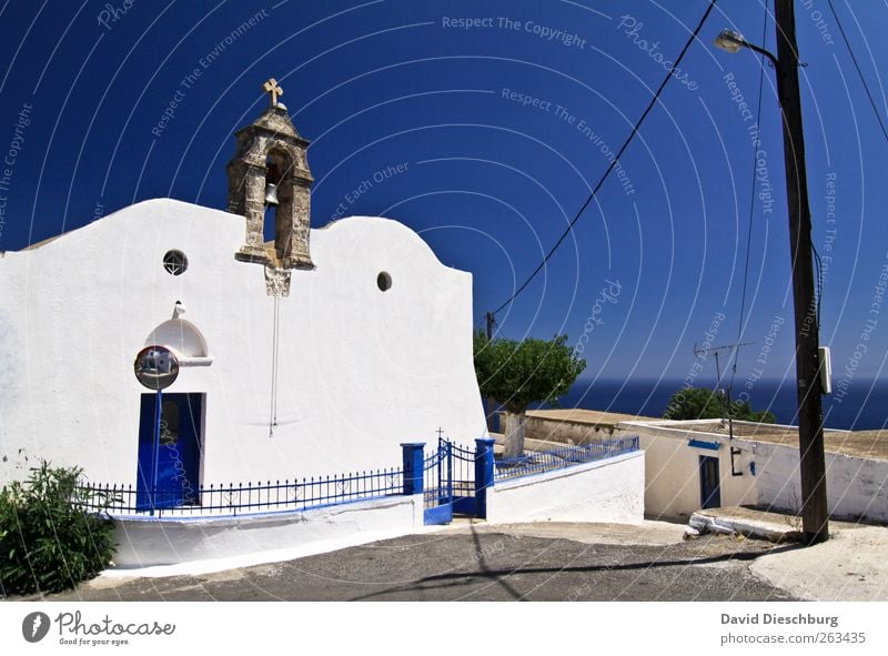 Leave church in village Vacation & Travel Summer Summer vacation Ocean Island Cloudless sky Beautiful weather Village Fishing village Building Blue Crete Church