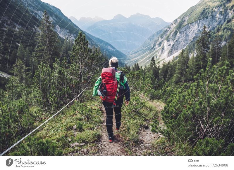 Young woman crossing the Alps Vacation & Travel Adventure Freedom Hiking Youth (Young adults) 18 - 30 years Adults Nature Landscape Beautiful weather Bushes