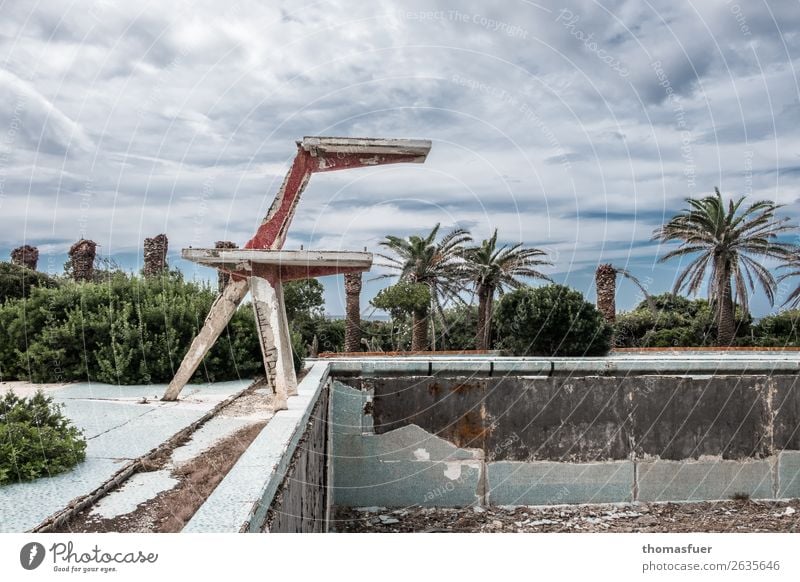 dilapidated open-air pool, decay Wellness Swimming pool Trip Summer Sun Swimming & Bathing Sporting Complex Plant Bushes Palm tree Park Sardinia Italy Ruin