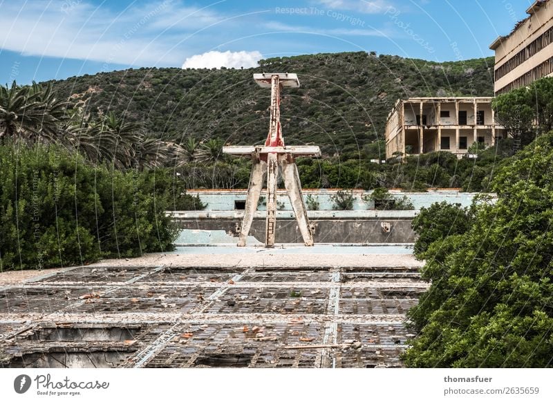 dilapidated open-air pool, decay Swimming pool Summer Swimming & Bathing Landscape Sky Clouds Horizon Sun Beautiful weather Bushes Palm tree Park Sardinia Italy