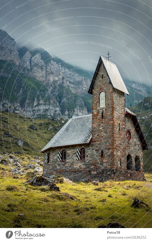 Church Meglisalp Tourism Trip Adventure Mountain Hiking Nature Landscape Clouds Sunlight Autumn Beautiful weather Fog Alps meglisalp Switzerland Wall (barrier)