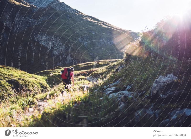 Alpine crossing | Memminger Hütte Vacation & Travel Adventure Hiking Young woman Youth (Young adults) Landscape Sunlight Summer Beautiful weather Alps Mountain