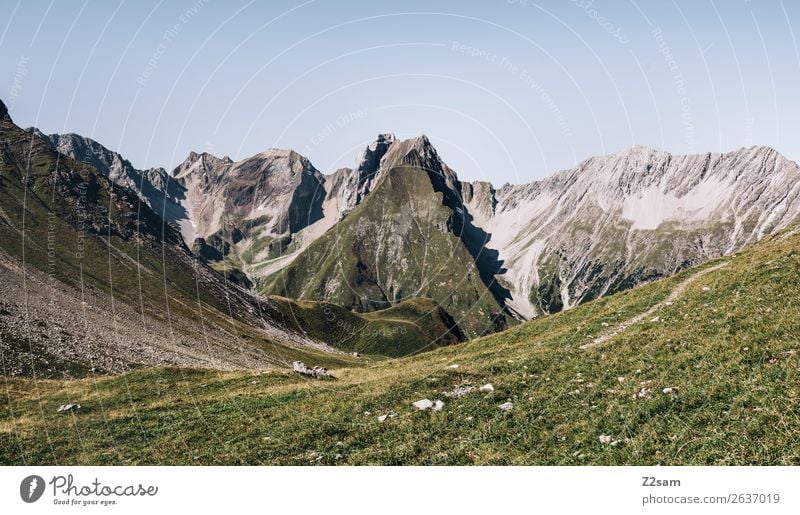 View back towards Memminger Hütte Adventure Mountain Hiking Nature Landscape Summer Beautiful weather Meadow Alps Peak Gigantic Tall Natural Green Loneliness