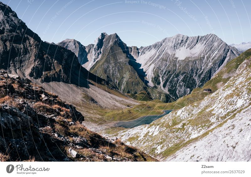 View towards Memminger Hütte Adventure Hiking Nature Landscape Summer Beautiful weather Alps Mountain Mountain lake Gigantic Tall Sustainability Blue Green