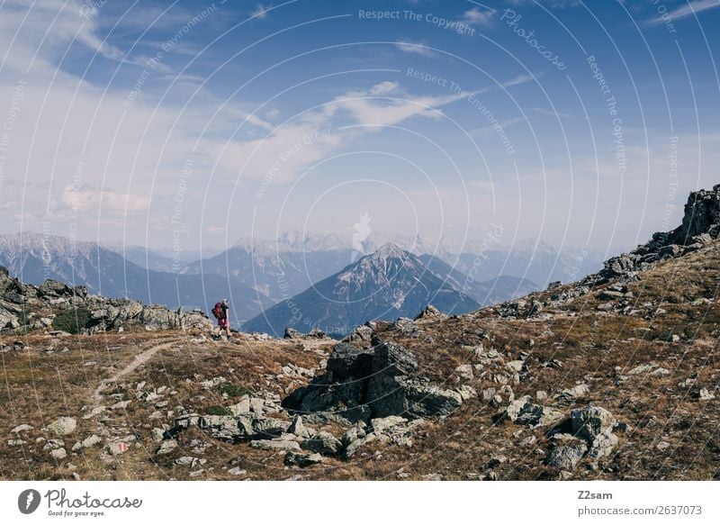 Young woman crossing the Alps | E5 Vacation & Travel Adventure Hiking Human being Nature Landscape Sky Summer Beautiful weather Mountain Peak Natural Blue Idyll