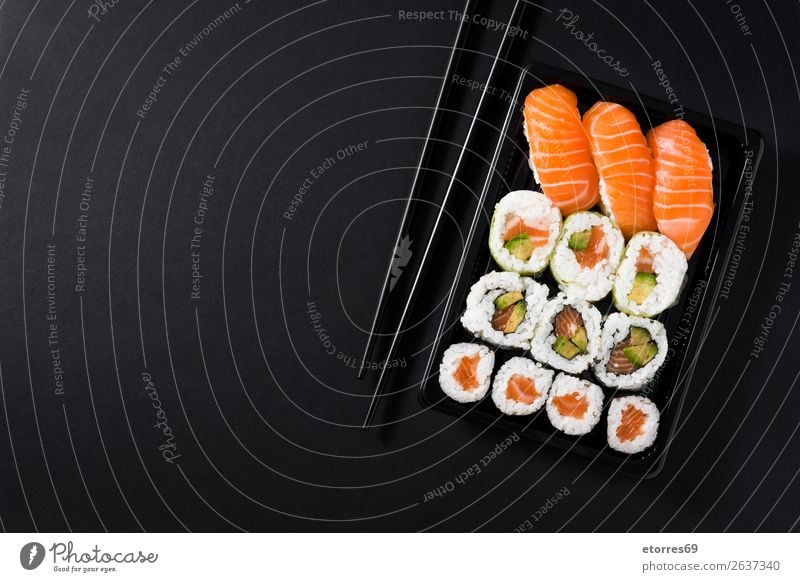 Japanese food: maki and nigiri sushi set Sushi Food Healthy Eating Food photograph Rice Fish Salmon Seafood Roll Meal Plate Gourmet Asia Raw Seaweed Dinner