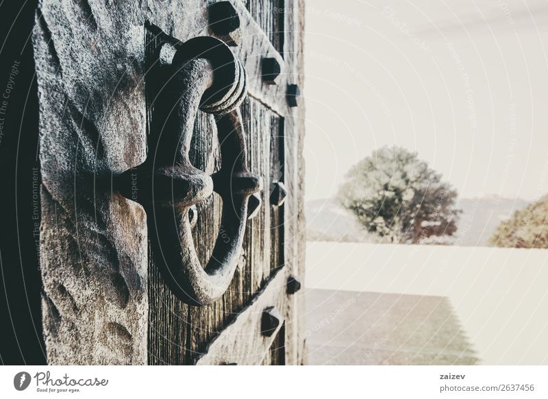 Close-up of a forging knob of an old wooden door with perspective Design House (Residential Structure) Places Building Architecture Ring Wood Metal Rust Old