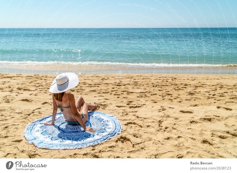 Young Woman With White Hat Relaxing On Ocean Beach Sand Youth (Young adults) Girl Fashion Beautiful Vacation & Travel Beauty Photography Portrait photograph