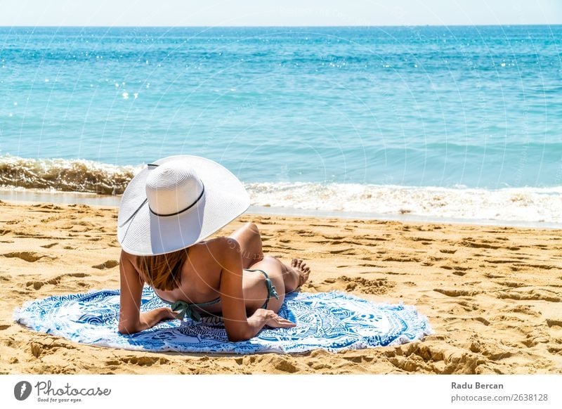 Young Woman With White Hat Relaxing On Ocean Beach Sand Youth (Young adults) Girl Fashion Beautiful Vacation & Travel Beauty Photography Portrait photograph