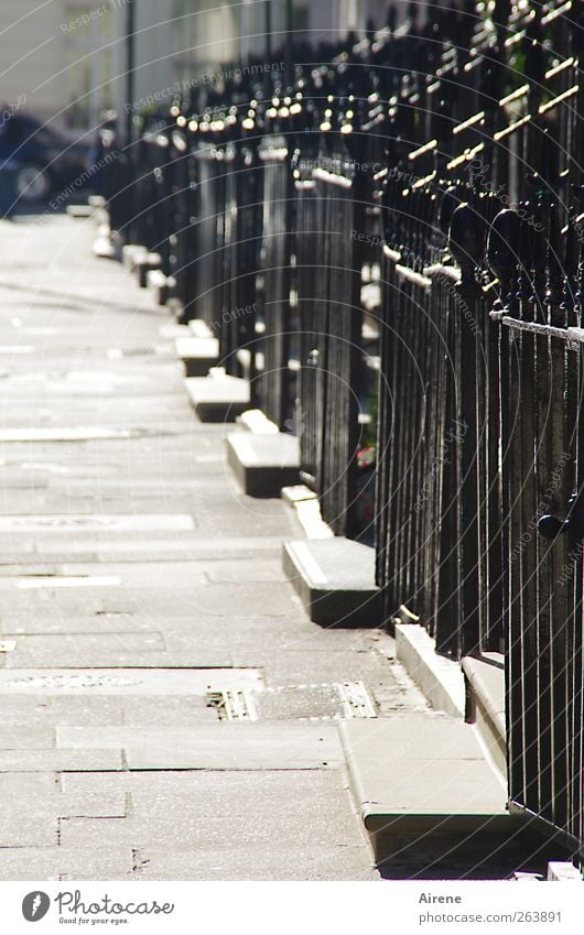 roll call Beautiful weather London Great Britain Town Stairs Garden fence Entrance Fence Fence post Street Sidewalk Sidestreet Grating Metal Steel Black Silver