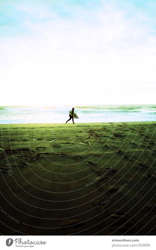 surfer 1 Human being Surfer Surfing Surfboard Beach Tracks Sand Ocean Summer vacation Summery Summer's day Sunlight Sky Colour photo