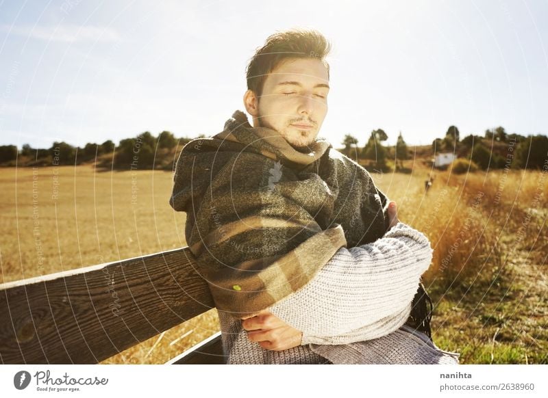 A head-on young man with the eyes closed Lifestyle Happy Face Relaxation Calm Freedom Sunbathing Human being Masculine Young man Youth (Young adults) Man Adults