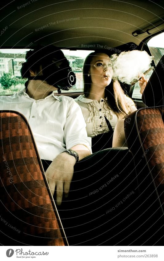 gas mask 2 Human being Joy Respirator mask Tobacco products Smoking Smoky No smoking Car Smoke Disgust Unhealthy Colour photo