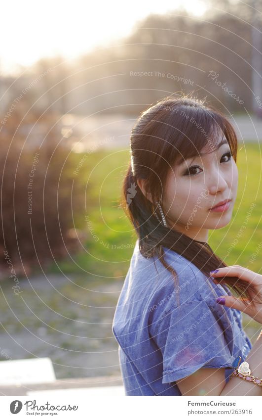 Jumping Spring VI Young woman Youth (Young adults) Woman Adults Head Hair and hairstyles 1 Human being 18 - 30 years Idyll Asians Chinese Park Meadow