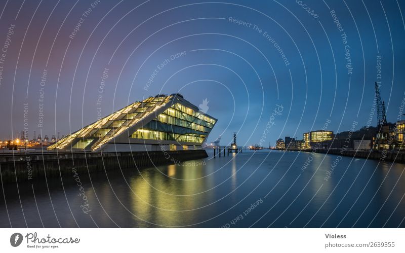 A ship will come.... dockland Hamburg Long exposure Night Whimsical conceit Exceptional Esthetic Landmark Tourist Attraction Terrace Stairs Architecture built