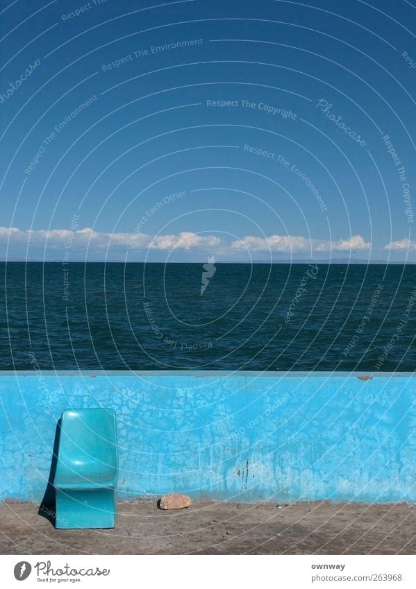 Blue chair in front of blue wall in front of blue lake in front of blue sky Landscape Water Sky Clouds Horizon Sunlight Summer Beautiful weather Lakeside Chair