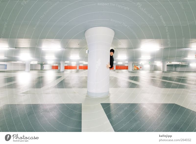 parking search Human being Masculine Man Adults Head 1 Looking Hiding place Hide Parking garage Column Parking lot Fear Scaredy-cat Central perspective