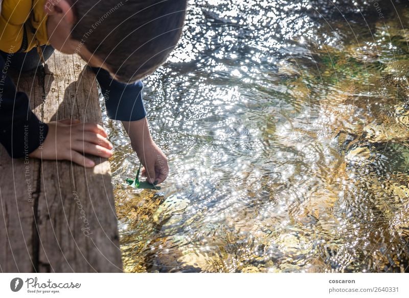 Child puts a boat made of plants in the water Lifestyle Joy Happy Leisure and hobbies Playing Freedom Summer Baby Toddler Boy (child) Family & Relations