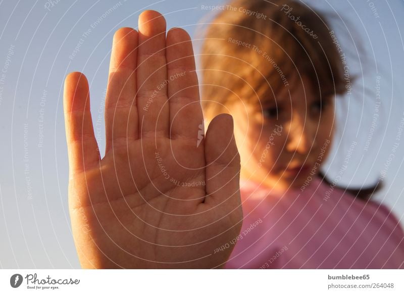 Stop Stop Human being Child Girl Infancy Hand 1 3 - 8 years Sky Cloudless sky Beautiful weather T-shirt Blonde Long-haired Bangs Think Looking Stand Sadness