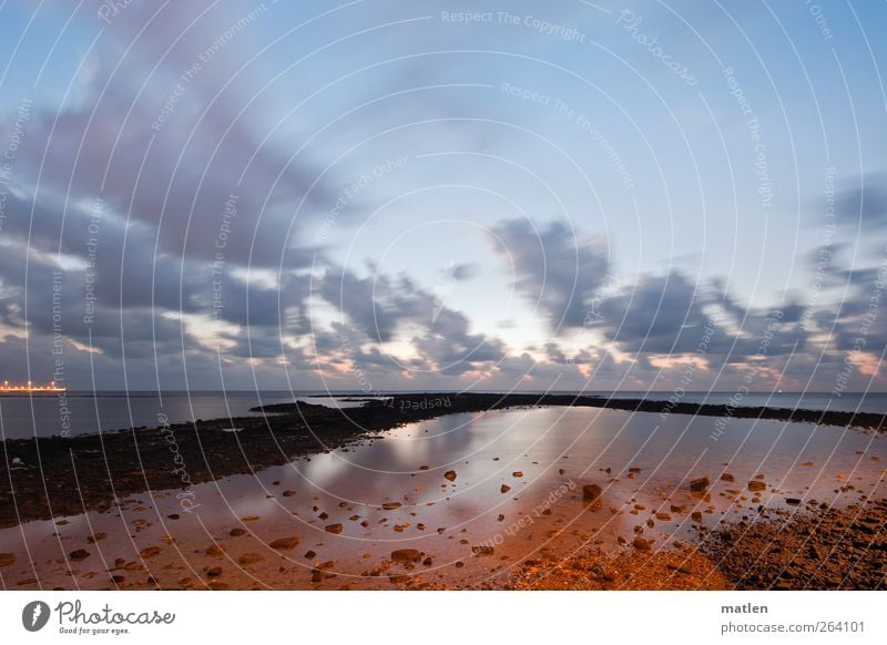 at the earliest Sky Clouds Sunrise Sunset Sunlight Coast Ocean Deserted Blue Brown Far-off places Jetty Reflection dawn Stone Calm Colour photo Exterior shot