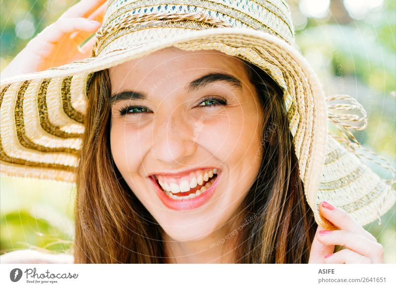 Happy girl with pamela laughing Joy Beautiful Summer Human being Woman Adults Hand Nature Tree Park Smiling Laughter Cute Green Pink Beauty Photography eyes