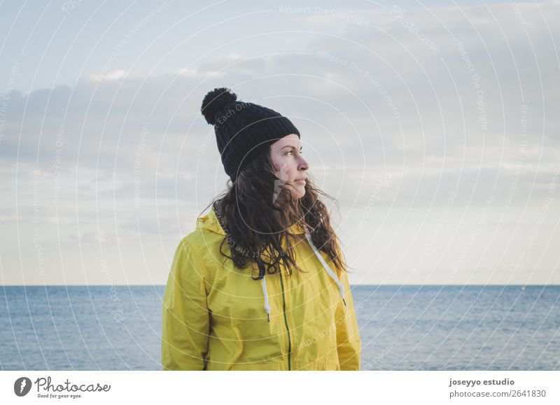 woman on the beach in winter Lifestyle Relaxation Vacation & Travel Trip Freedom Beach Ocean Winter Sports Meeting 30 - 45 years Adults Nature Horizon Coast