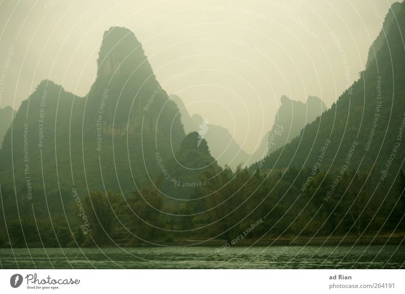 Yangshuo Nature Landscape Plant Clouds Horizon Bad weather Fog Forest Virgin forest Hill Rock Mountain Coast River bank Li river Natural Point Colour photo