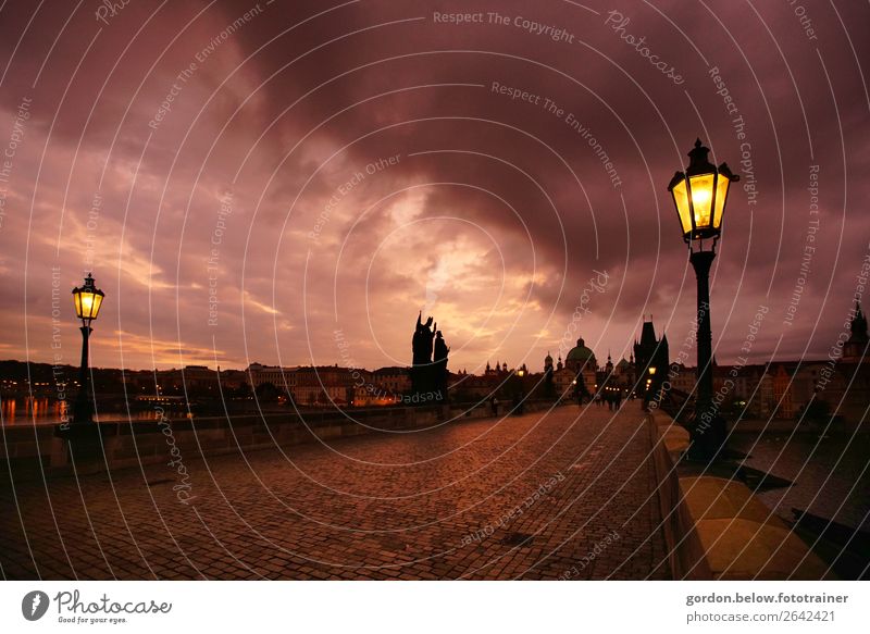 Charles Bridge in Twilight Light Human being 4 Work of art Landscape Sky Clouds Sunrise Sunset Autumn Populated Architecture Tourist Attraction Street Stone