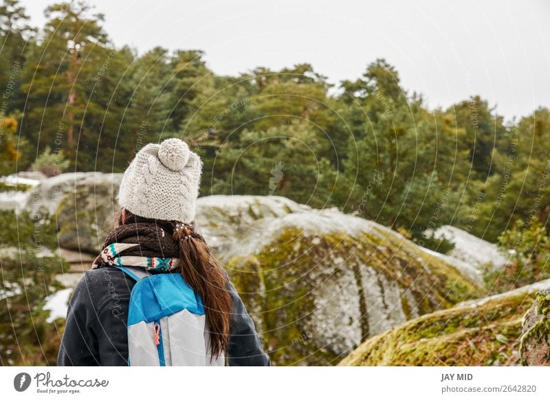 Hiking, woman hiker enjoying the scenery in the snowy forest Lifestyle Beautiful Vacation & Travel Trip Adventure Winter Snow Mountain Human being Feminine