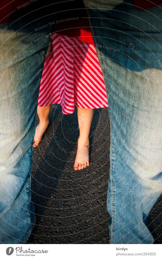 barefoot girl in red dress behind adult person with jeans. Protection or threat ? Girl Family & Relations Child Fear Father Adults Infancy sexual violence Legs