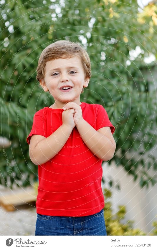 Happy child with red t-shirt in the garden Joy Beautiful Summer Sun Garden Child Human being Baby Toddler Boy (child) Family & Relations Infancy Nature Grass