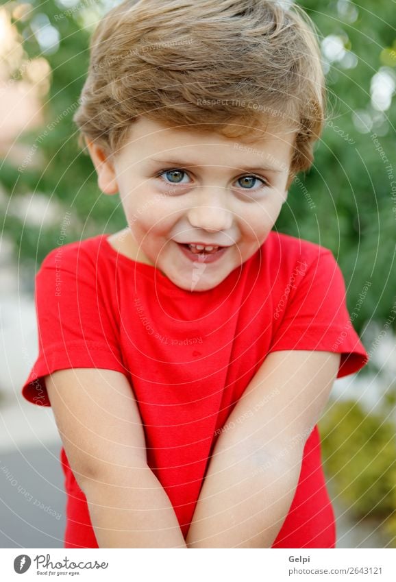 Happy child with red t-shirt in the garden Joy Beautiful Summer Sun Garden Child Human being Baby Toddler Boy (child) Family & Relations Infancy Nature Grass