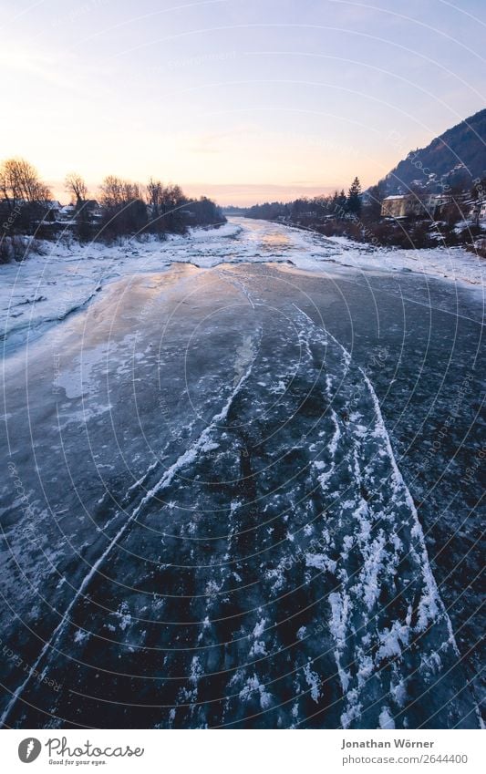 Winter freeze Nature Water Sunrise Sunset Beautiful weather Ice Frost Snow River bank Blue Gold Orange Adventure Freedom Infinity Colour photo Subdued colour