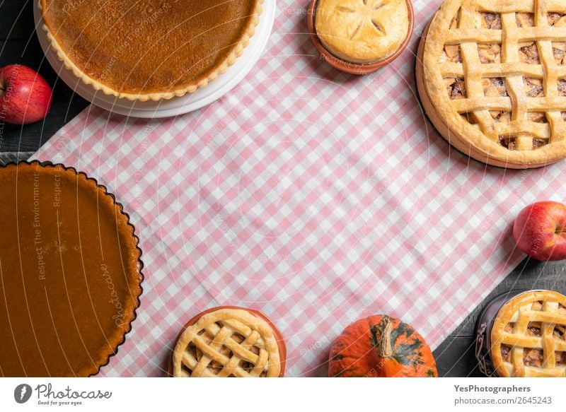 Table with many various sweet pies. Home baked pastry items. Cake Dessert Candy Kitchen Thanksgiving Exceptional Sweet Many Pink Tradition Thanksgiving day