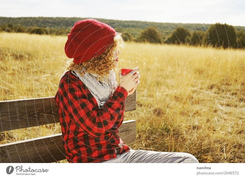 A young woman taking a cup of tea Breakfast Beverage Hot drink Coffee Tea Cup Mug Lifestyle Relaxation Calm Freedom Sunbathing Human being Feminine Young woman