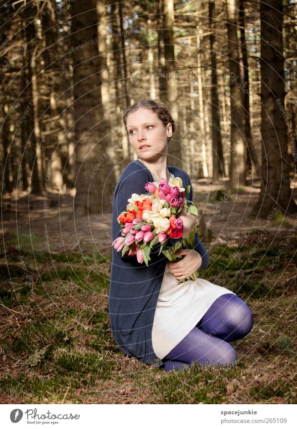 Flowers in the woods Human being Feminine Young woman Youth (Young adults) 1 18 - 30 years Adults Nature Landscape Earth Spring Park Forest To hold on Dream