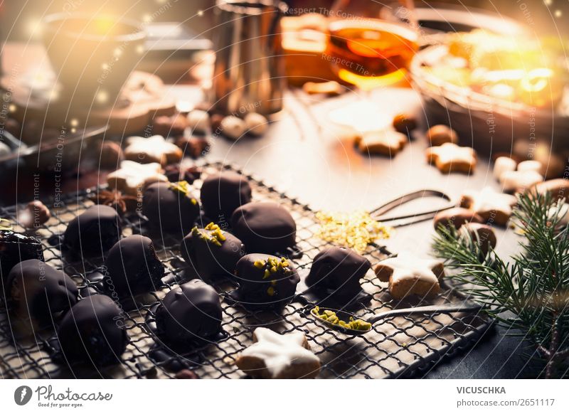 Christmas. Still Life with Chocolate Pralines Food Candy Nutrition Banquet Crockery Style Design Winter Living or residing Table Feasts & Celebrations