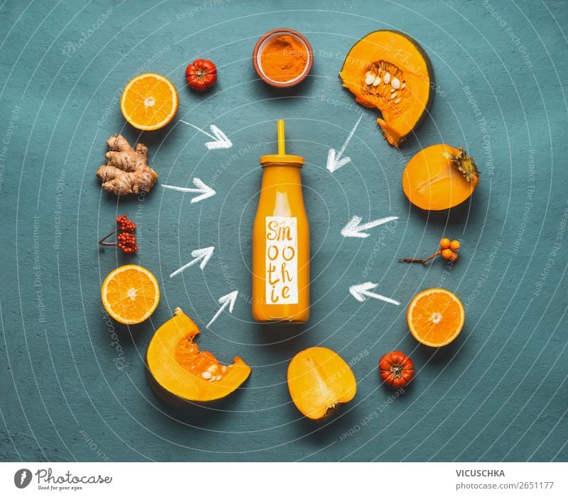 Orange Smoothie Ingredients Food Vegetable Fruit Nutrition Organic produce Vegetarian diet Diet Beverage Juice Bottle Shopping Style Design Healthy