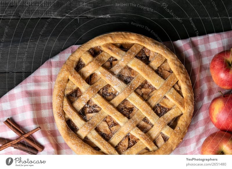 Above view of apple pie and apple fruits. Traditional sweet pie. Cake Dessert Candy Table Kitchen Feasts & Celebrations Thanksgiving Christmas & Advent